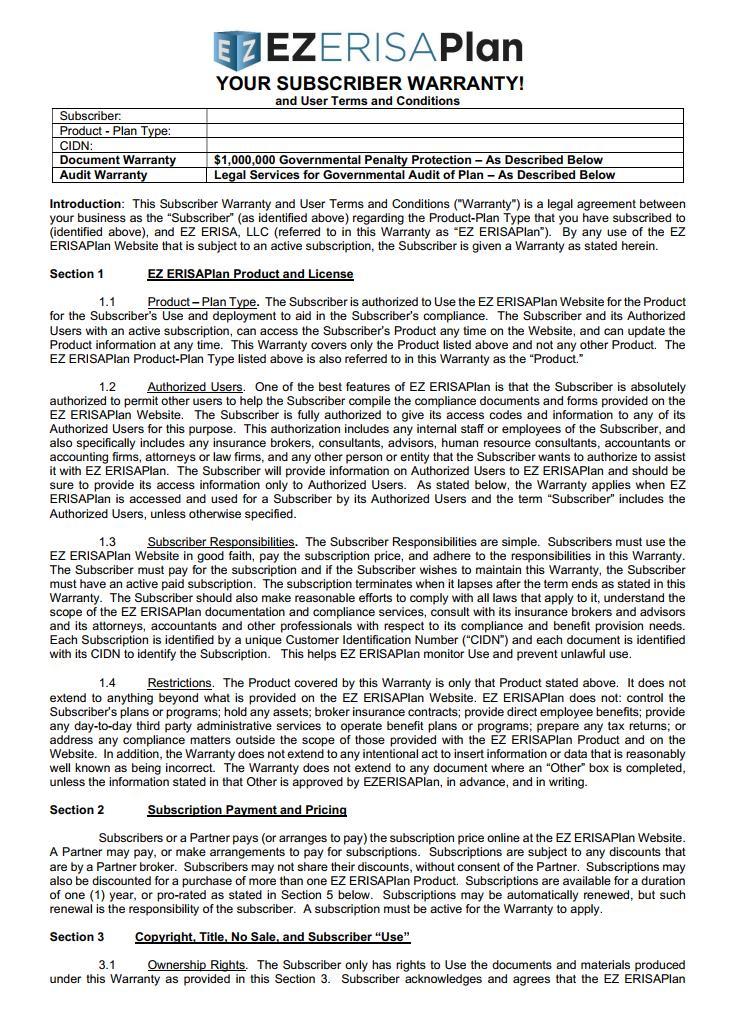 Sample Warranty for ERISA Wrap Documents Sample Warranty for ERISA Wrap Documents